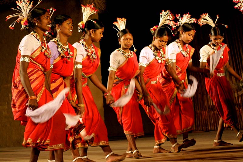 Traditional Karma Dance performance by tribal artists of Chhattisgarh and Jharkhand around sacred Karam tree